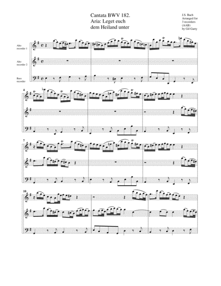 Aria Leget Euch Dem Heiland Unter From Cantata Bwv 182 Arrangement For 3 Recorders Sheet Music