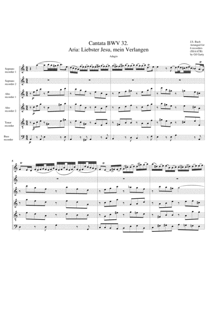 Aria Liebster Jesu Mein Verlangen From Cantata Bwv 32 Version In A Arrangement For 6 Recorders Sheet Music