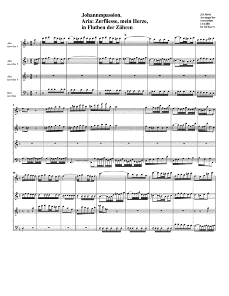 Free Sheet Music Aria Zerfliesse Mein Herze In Fluthen Der Zhren From Johannespassion Bwv 245 Arrangement For 4 Recorders