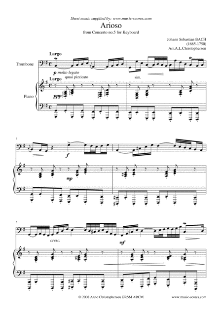 Arioso From Concerto No 5 Trombone And Piano Sheet Music