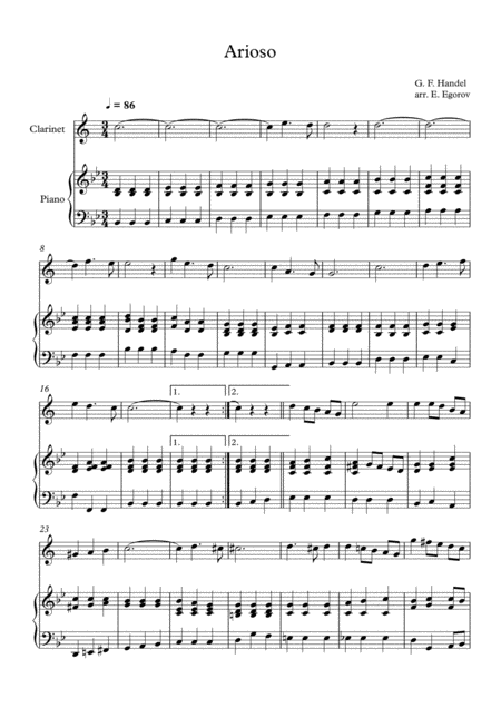 Arioso George Frideric Handel For Clarinet Piano Sheet Music