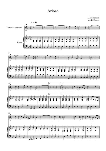 Free Sheet Music Arioso George Frideric Handel For Tenor Saxophone Piano