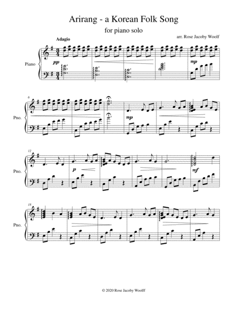 Arirang A Folk Song From Korea Piano Solo Sheet Music