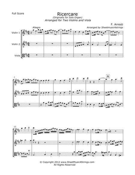 Arresti F Ricercare For Two Violins And Viola Sheet Music