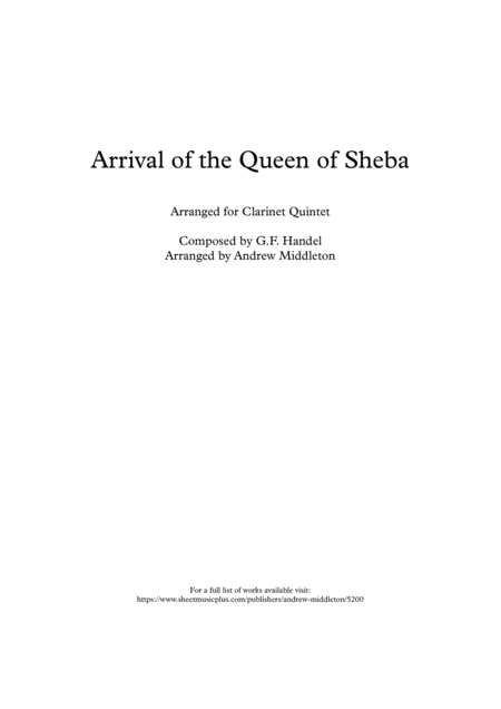 Arrival Of The Queen Of Sheba Arranged For Clarinet Quintet Sheet Music