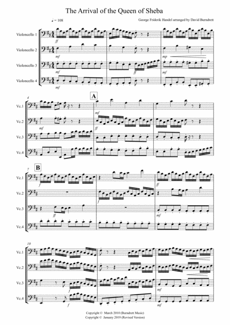 Arrival Of The Queen Of Sheba For Cello Quartet Sheet Music