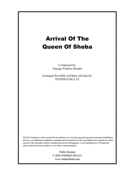 Free Sheet Music Arrival Of The Queen Of Sheba Handel Violin Cello Duo Or Other Treble Clef Bass Clef Instruments Key Of B