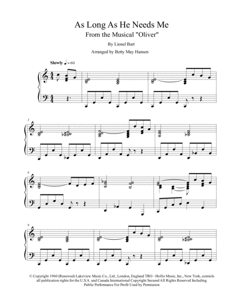 As Long As He Needs Me Sheet Music