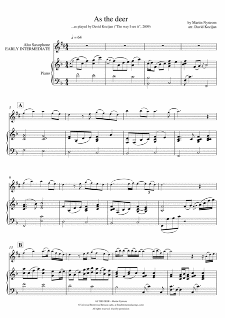 Free Sheet Music As The Deer Piano Alto Sax Early Intermediate