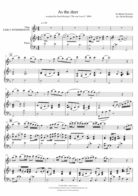 Free Sheet Music As The Deer Piano Flute Early Intermediate