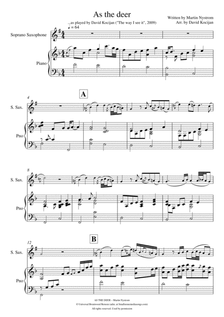 Free Sheet Music As The Deer Piano Solo In Bb Soprano Sax Tenor Sax Or Clarinet In Bb