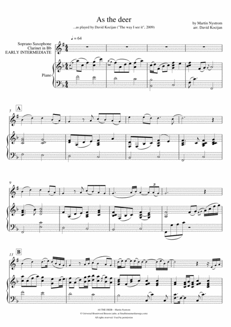 As The Deer Piano Soprano Sax Or Clarinet Early Intermediate Sheet Music