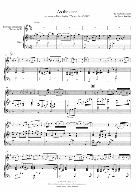 Free Sheet Music As The Deer Piano Soprano Sax Or Clarinet