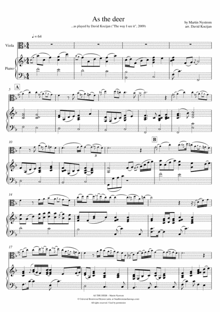 Free Sheet Music As The Deer Piano Viola