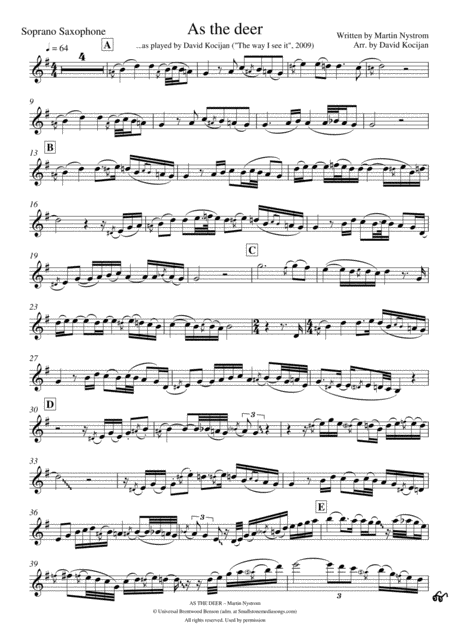 As The Deer Solo In Bb Soprano Tenor Sax Or Clarinet In Bb Sheet Music