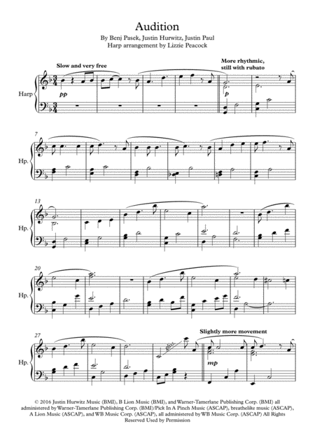 Free Sheet Music Audition The Fools Who Dream Pedal Harp Solo