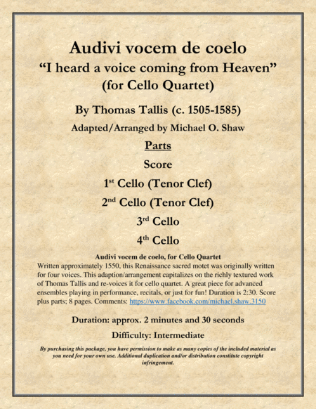 Free Sheet Music Audivi Vocem De Coelo I Heard A Voice Coming From Heaven For Cello Quartet