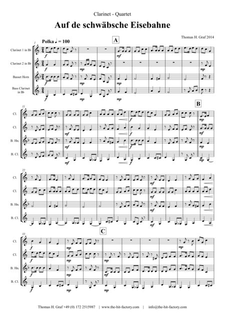 Auf Der Schbsche Eisebahne Swabian Anthem Oktoberfest Clarinet Quartet Sheet Music