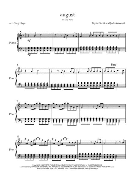 August Easy Piano Sheet Music