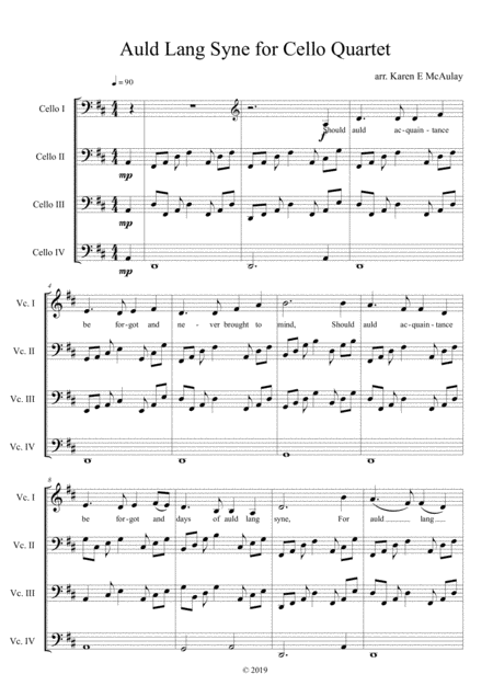 Auld Lang Syne For Cello Quartet With Lyrics For 2 Verses Sheet Music