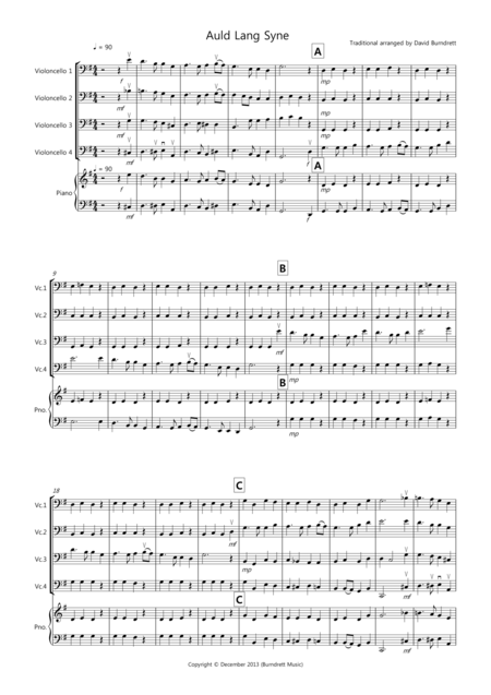 Auld Lang Syne For Cello Quartet Sheet Music