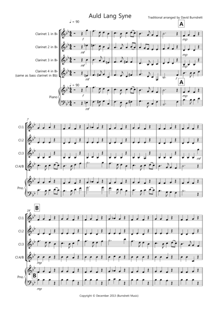 Auld Lang Syne For Clarinet Quartet Sheet Music