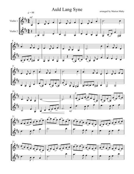 Auld Lang Syne For Violin Duet Sheet Music