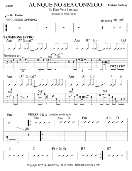 Free Sheet Music Aunque No Sea Conmigo Guitar Tab Trombone Arrangement