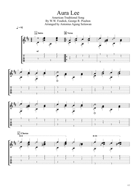 Free Sheet Music Aura Lee Fingerstyle Guitar Solo