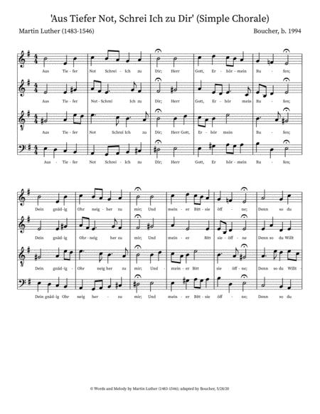 Aus Tiefer Not Schrei Ich Zu Dir Simple Chorale Sheet Music