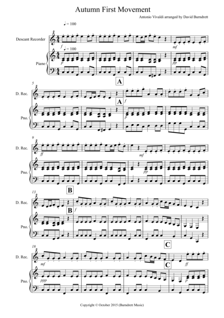Free Sheet Music Autumn Four Seasons For Descant Recorder And Piano