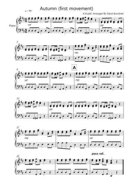 Autumn From The Four Seasons For Easy Piano Solo Sheet Music