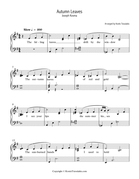 Autumn Leaves Easy Jazz Piano Sheet Music