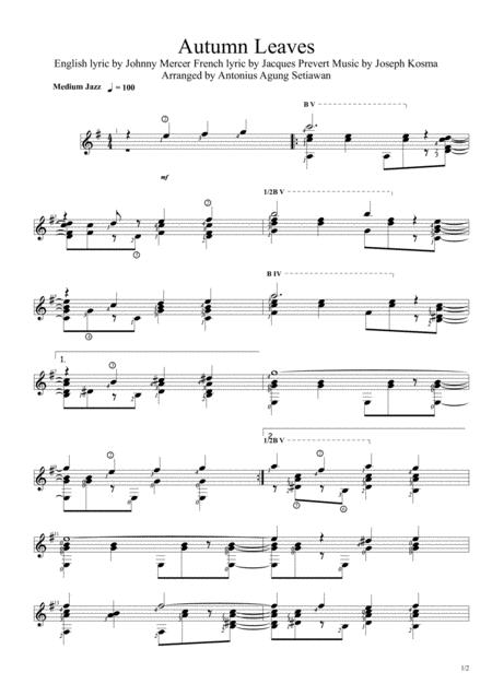 Autumn Leaves Solo Guitar Score Sheet Music