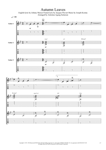 Autumn Leaves Trio Guitar Tablature Sheet Music