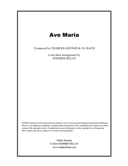 Ave Maria Bach Gounod Lead Sheet Key Of D Sheet Music