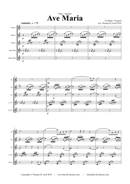 Ave Maria Bach Gounot Flute Quintet Sheet Music