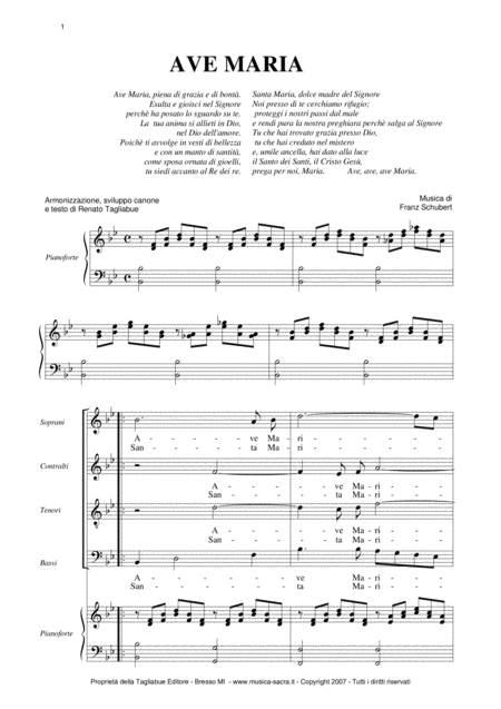 Ave Maria By Schubert Italian Lyrics Choir Satb With Choir Parts Sheet Music