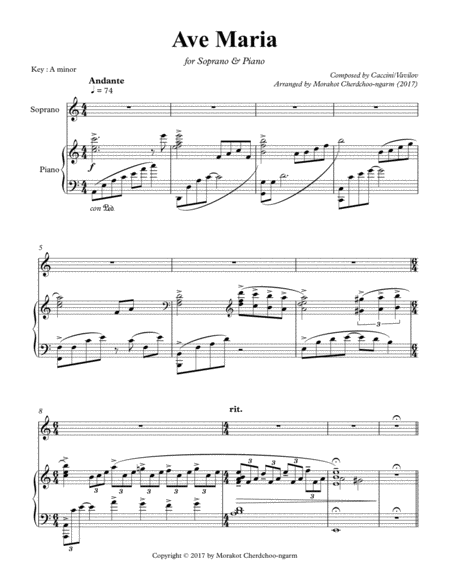 Ave Maria Caccini A Minor For Soprano Piano Sheet Music