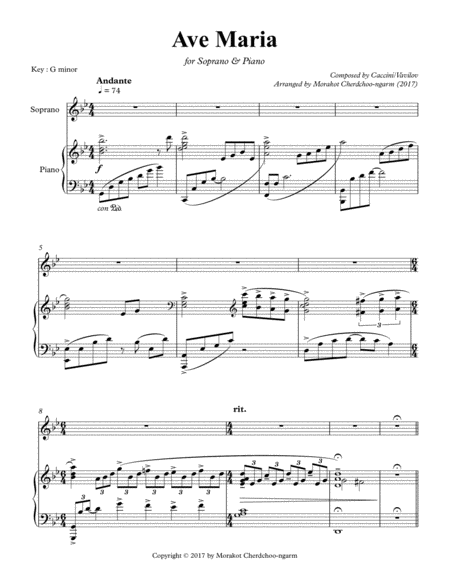 Ave Maria Caccini G Minor For Soprano Piano Sheet Music