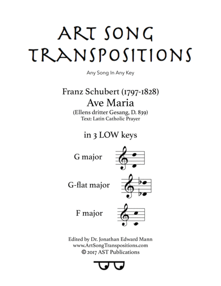 Free Sheet Music Ave Maria D 839 In 3 Low Keys G G Flat F Major Latin