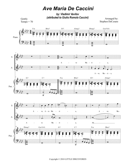 Ave Maria De Caccini Duet For Soprano Alto Solo High Key Sheet Music