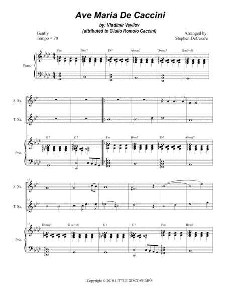 Free Sheet Music Ave Maria De Caccini Duet For Soprano Tenor Saxophone