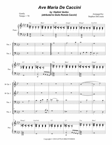 Ave Maria De Caccini For Brass Quartet Piano Alternate Version Sheet Music