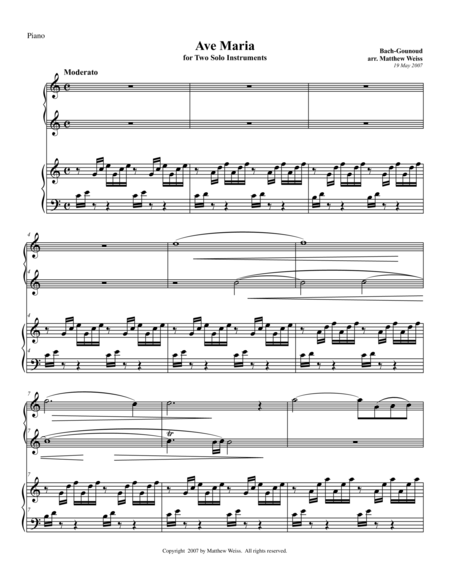 Ave Maria For Two Solo Instruments Piano Score Sheet Music