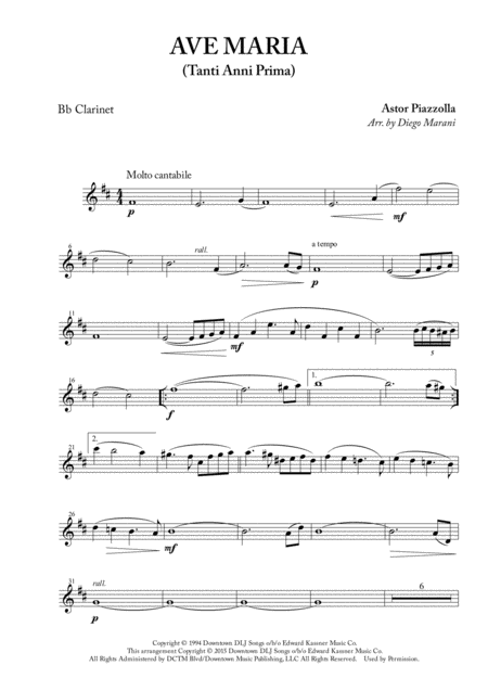 Ave Maria Tanti Anni Prima For Clarinet And Piano Sheet Music