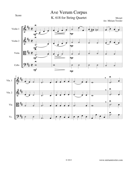 Ave Verum Corpus For String Quartet Sheet Music