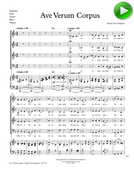 Ave Verum Corpus Full Score Parts And Satb Organ Score Sheet Music