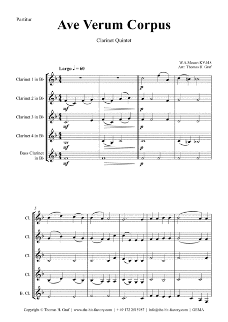 Ave Verum Corpus W A Mozart Clarinet Quintet Sheet Music