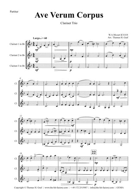 Ave Verum Corpus W A Mozart Clarinet Trio Sheet Music